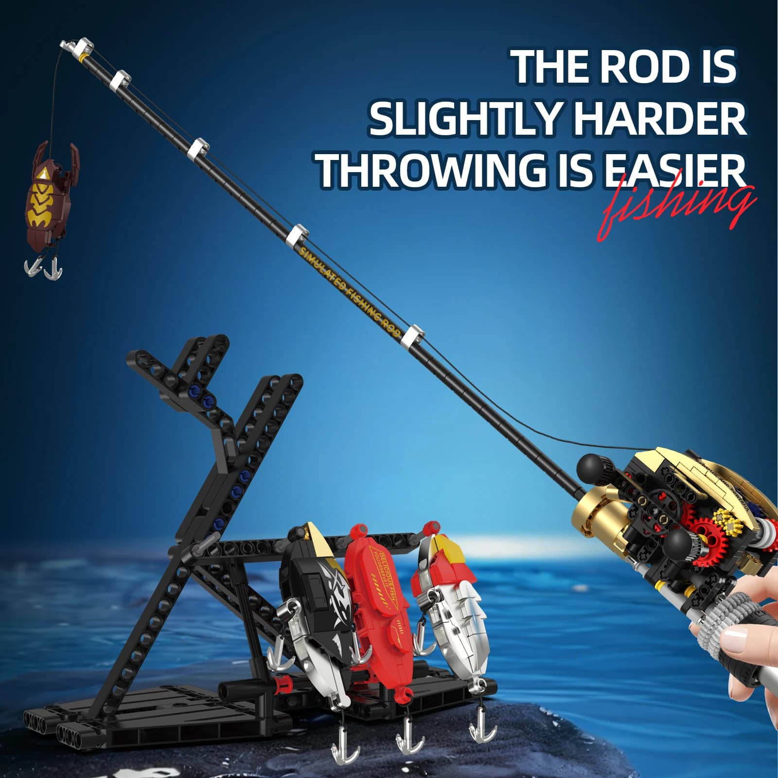 K96227 Simulated Gear Reel Fishing Rod Model Building Blocks Creative DIY Fishing Game Educational Toy Bricks Boys Birthday Gift