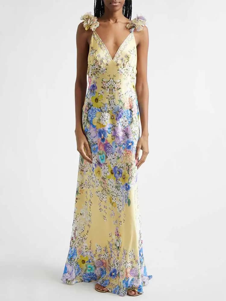 GACVGA Floral Print Sleeveless Sling Maxi Dress for Women Elegant Deep V Neck Backless Sexy Club Party Long Dress