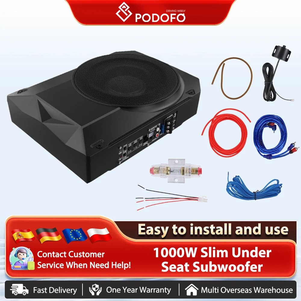Podofo 10" Subwoofer Slim Under-Seat Active Powered 1000W Car Bass Subwoofer Audio Music Player Audio Amplifier Speaker for Car Truck Sound System