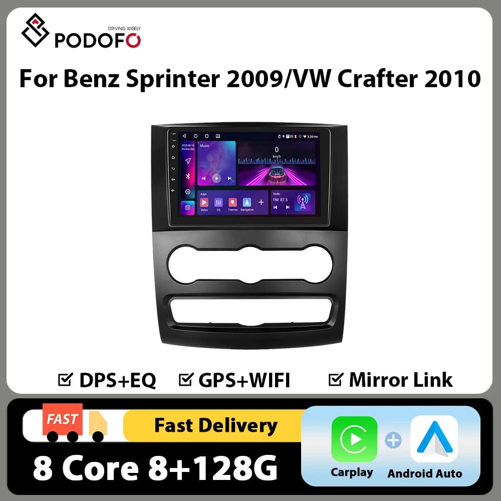 Podofo 10'' Android Auto Car Radio For Benz Sprinter 2009/VW Crafter 2010 Multimedia Player Carplay 8+128G 8Core GPS 4G WIFI BT