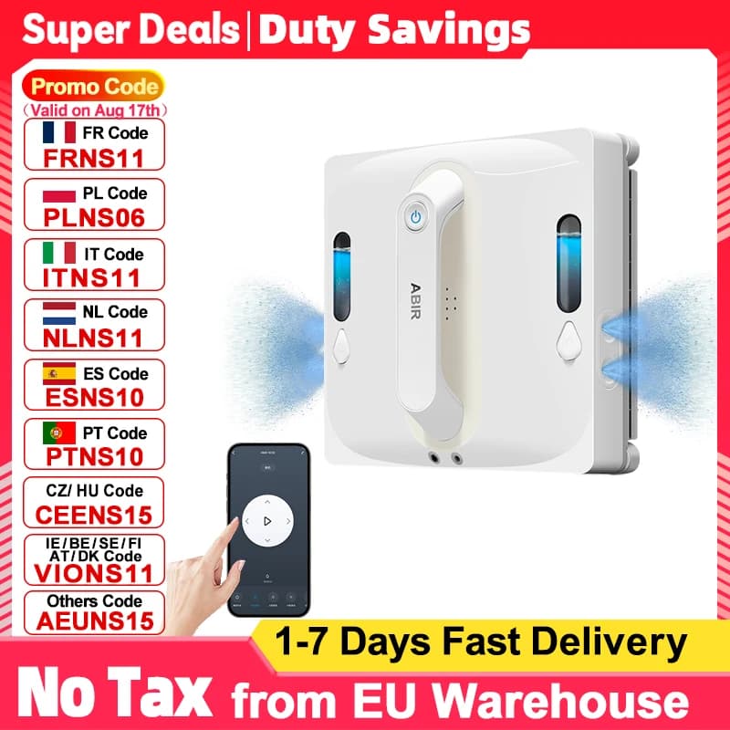 Window Cleaning Robot ABIR WD9, 4-Way Water Spray,Floating Scraping Tech, Laser Sensor,9000PA Vacuum Suction, Smart Memory