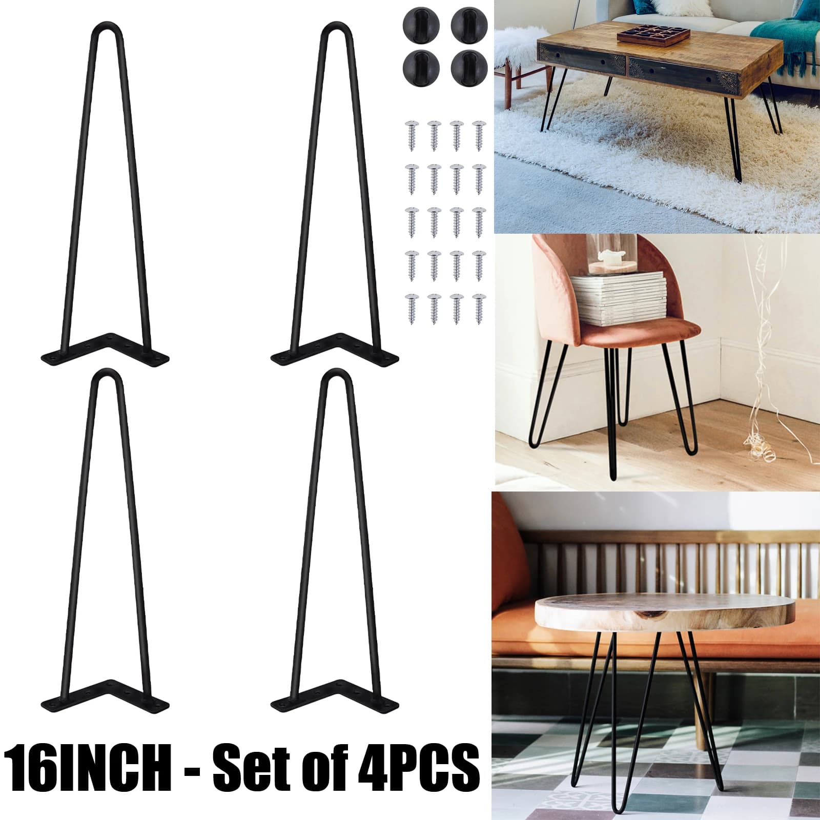 16 inch Metal Table Legs, Set of 4Pcs 40cm Black Steel Hairpin Table Leg 2 Rod Mid 41cm Century Modern Furniture Industrial Style for for DIY