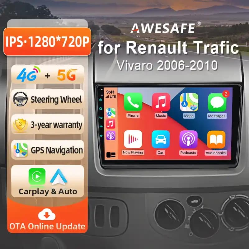 Awesafe 10" Android Radio for Renault Trafic 2 Nissan Primastar Opel Vivaro 2006-2010 Wireless Carplay & Android Auto Gps Navigation Multimedia
