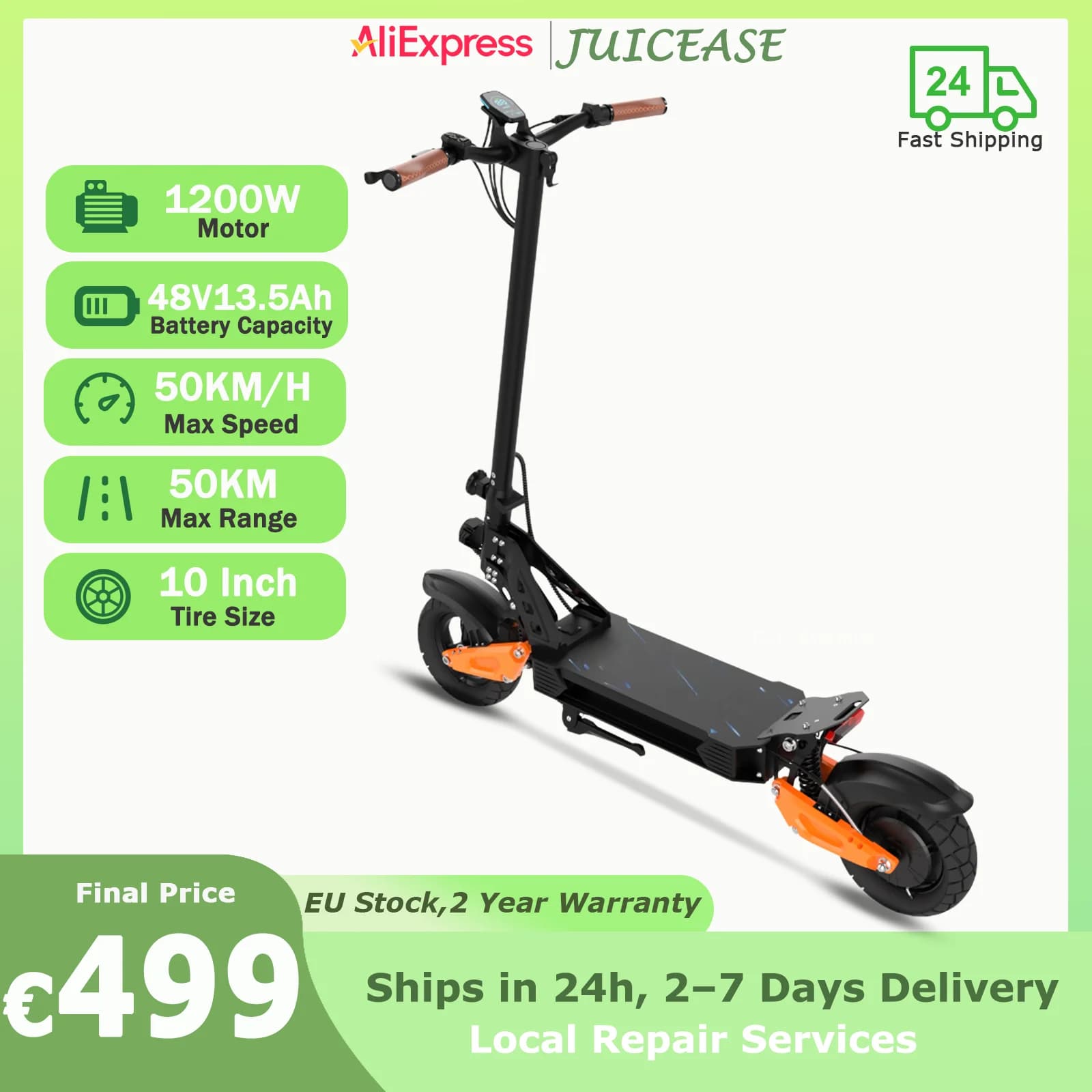 JUICEASE Q67 Electric Scooter 1200W Powerful Motor 48V13.5Ah High-capacity Battery 50KM Range 51KM/H Top Speed 10Inch Fat Tyres Off-road EScooter
