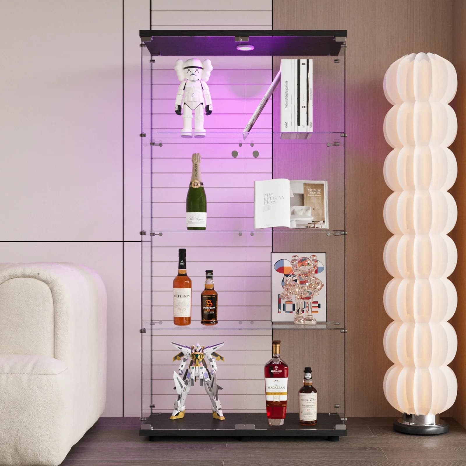 Rosahqnda Glass Display Cabinet with LED Light, with 4 Shelves 2 Doors, 80.49x36.49x163.9cm, Black/White