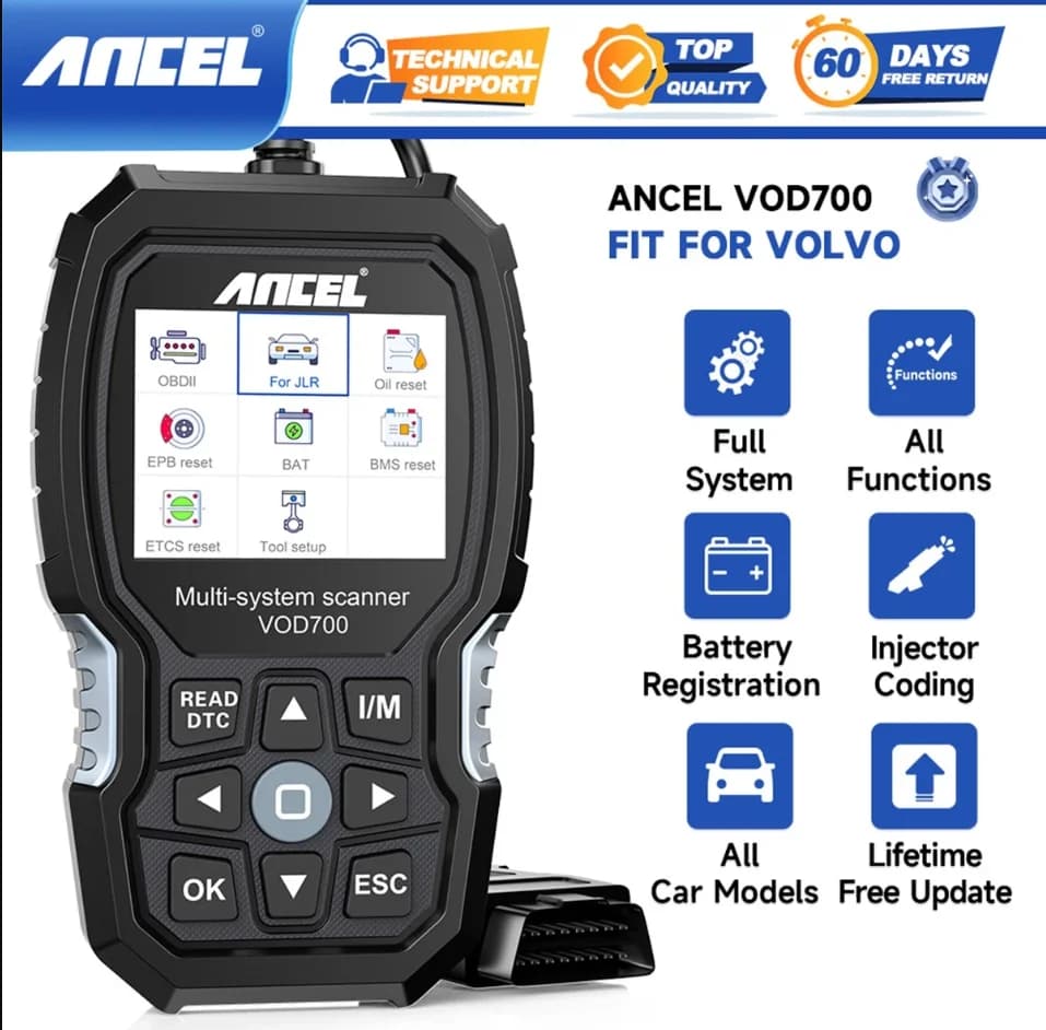 Ancel Vod700 Obd2 Scanner for Volvo Car Code Reader Diagnostic Tool Abs Purge Injector Oil Etc Bms Epb Tpms D-P-F Reset