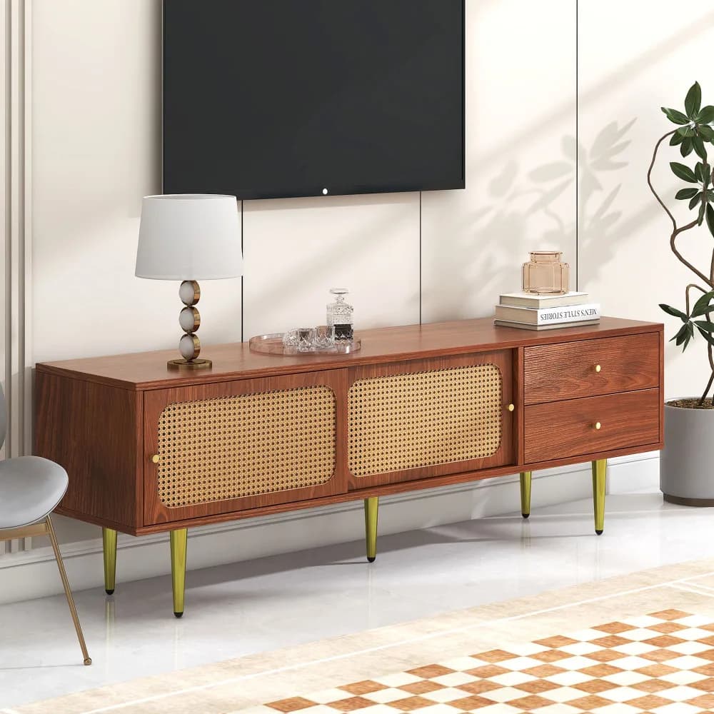 Modern Walnut TV Stand Media Console with Rattan Sliding Doors 2 Drawers 4 Storage Compartments Golden Metal Legs 160x40x60cm