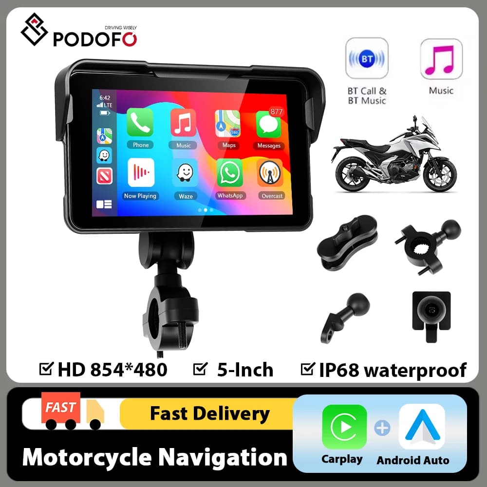 Podofo Wireless Carplay Android Auto Motorcycle Smart Screen Player 5" HD Large Screen Portable Display Player IP68 Waterproof
