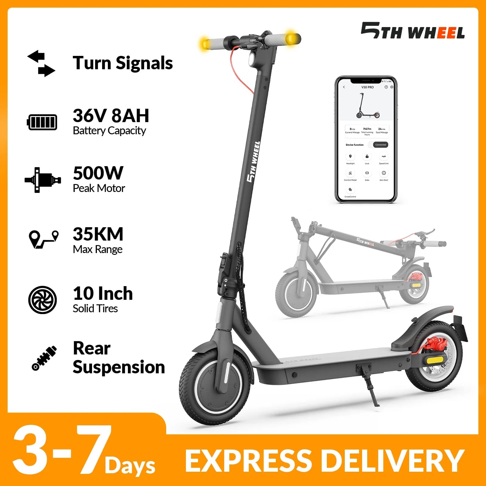 5TH WHEEL Adult Electric Scooter 25km/h, 500W Peak Motor, 32km Range, 10 Inch Solid Tyres, Dual Brake, App Control, Urban E-Scooter with Turn Signal