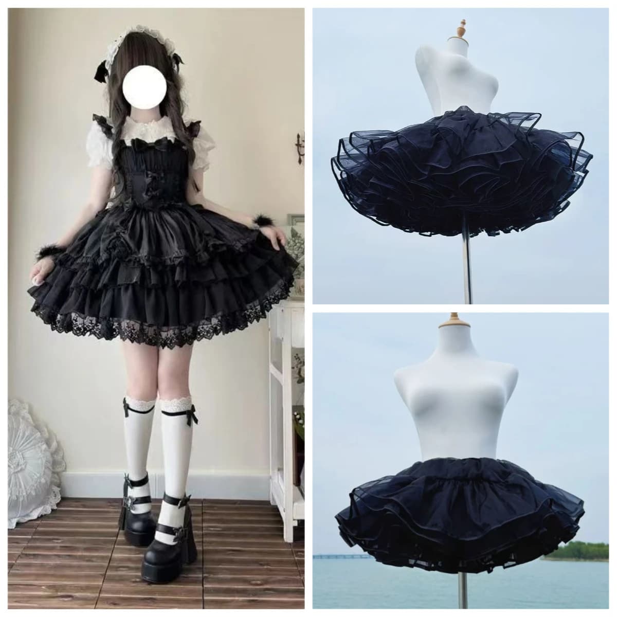 Lolita Boneless Crinoline Petticoat Black Ultra Poof Soft Mesh Short Skirt Flight Heaven Underskirt for Kawaii Style 25-45cm