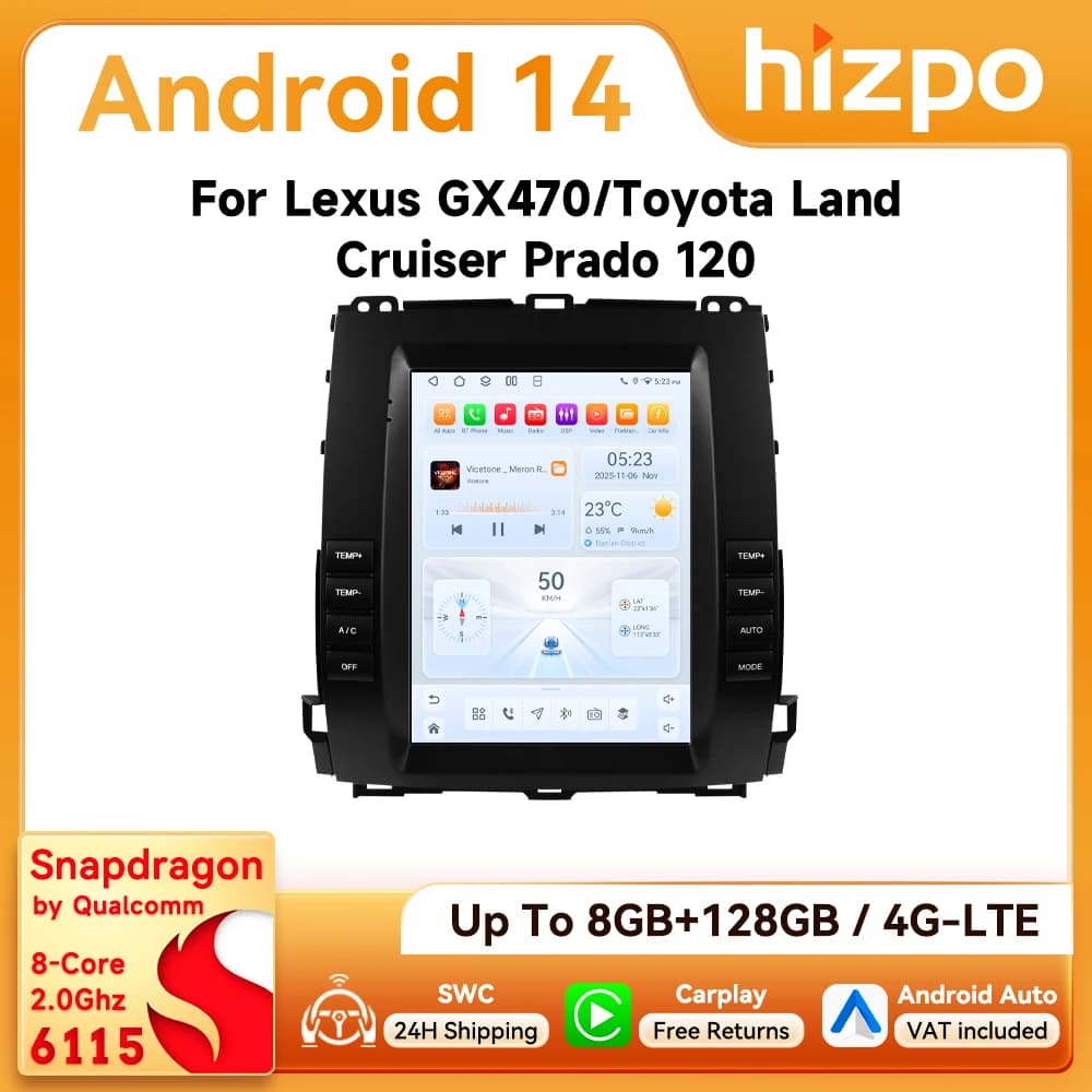 9.7" Hizpo Android Car Radio for Toyota Land Cruiser Prado 120 2002 - 2009 Lexus GX470 Tesla Style Screen Auto CarPlay GPS DSP