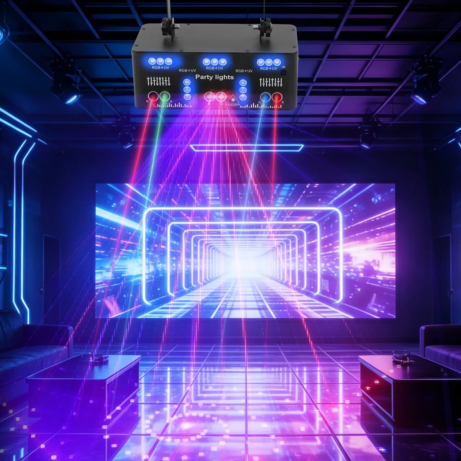 21-Eye DJ Party Light Sound Activated & DMX with 15 RGB+UV LEDs & 6 Lasers 64 Patterns 4 Control Modes for Stage, Disco, Bar & KTV