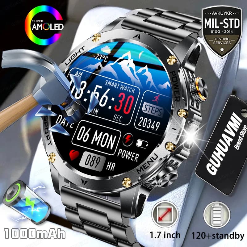2026 New 1000mAh Big Battery Smart Watch Men, 1.7'' AMOLED Screen, Bluetooth Call, IP68 Waterproof, Outdoor Sports, Heart Rate Monitor, Sleep