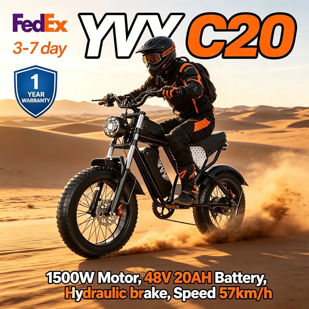 YVY C20 off-road electric bike, 1500W motor, 20-inch fat tires, 48V 20Ah battery, hydraulic brakes, electric mountain bike for adults.