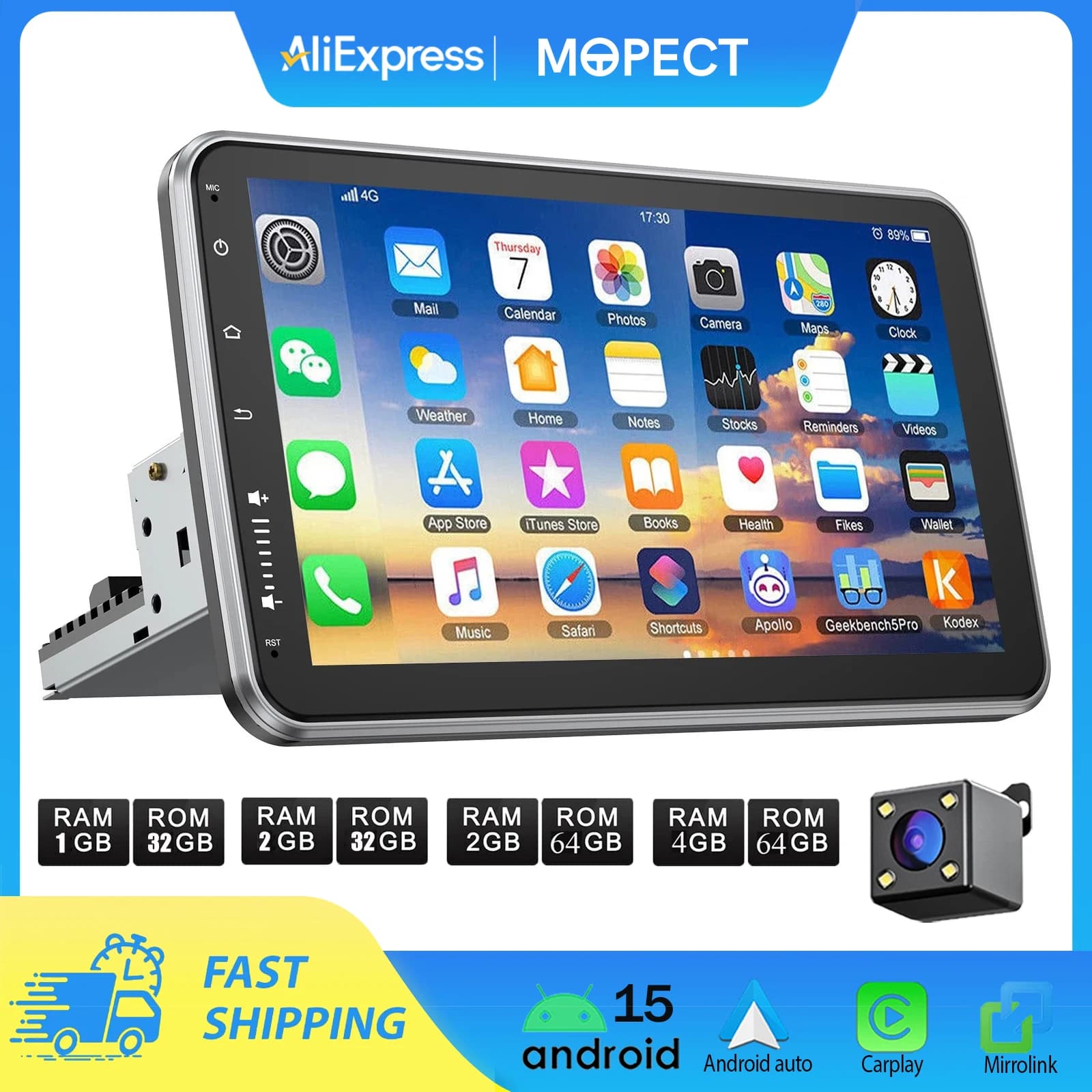 Universal Car Radio Mopect Android 15 10.1" 360 °   Touchscreen 1 Din Wireless Carplay Android Auto Gps Navi Rds Wifi Mikrofon Fm