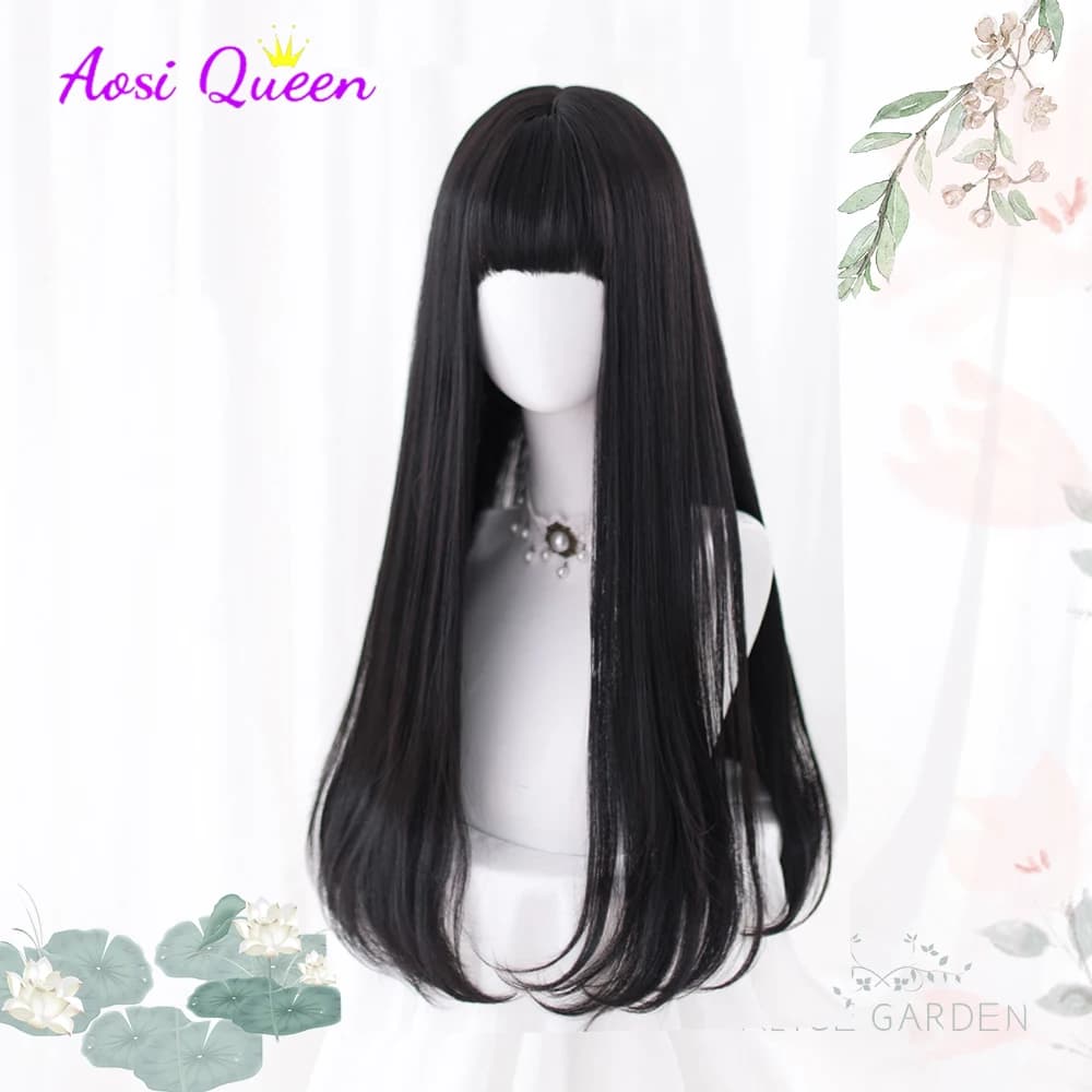 AS Long Straight Black Synthetic Wig For Woman With Bangs Black Cosplay Lolita Wigs Heat Resistant Natural Hair