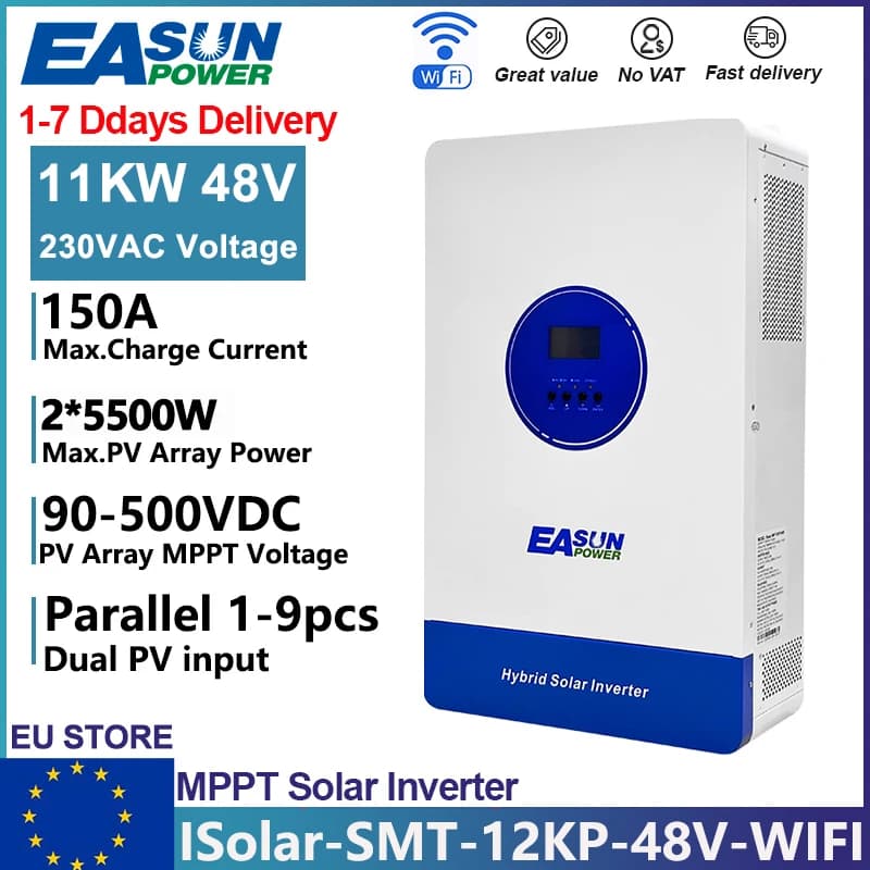 EASUN 12KVA 11KW  Hybrid Solar Inverter 48V 230V Pure Sine Wave 150A Dual MPPT Controller Off Grid Parallel Inverter With WIFI