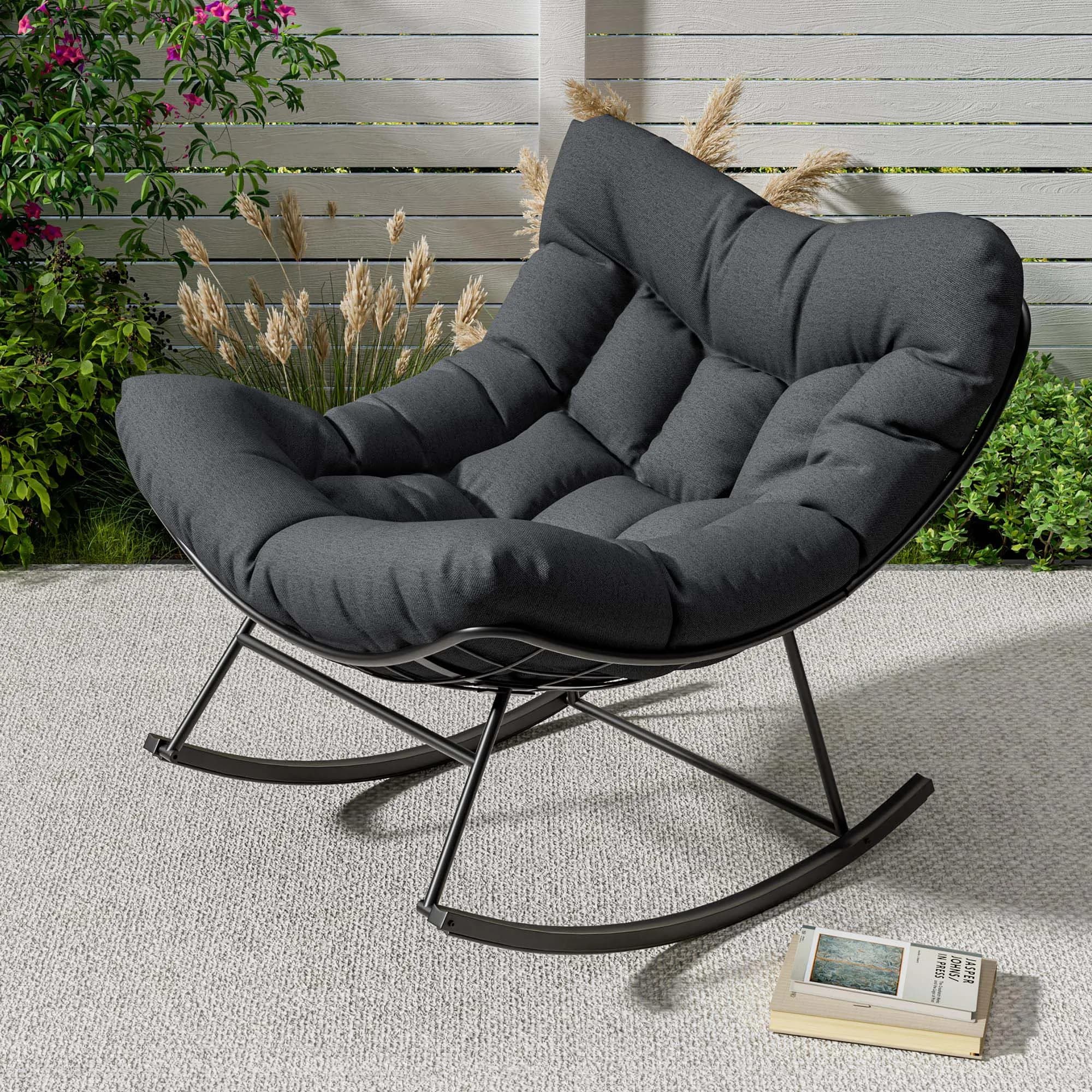 Outdoor Papasan swing chair, oversized lounge chair with a metal frame, rattan egg swing chair for balcony, garden, porch, bedroom