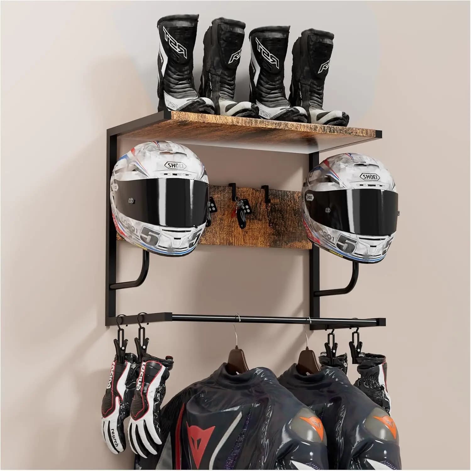 Wall-Mounted Motorcycle Jacket & Helmet Holder Tactical Gear Organizer & Hook Metal Frame Storage for Riding Gear & Outdoor Equipment