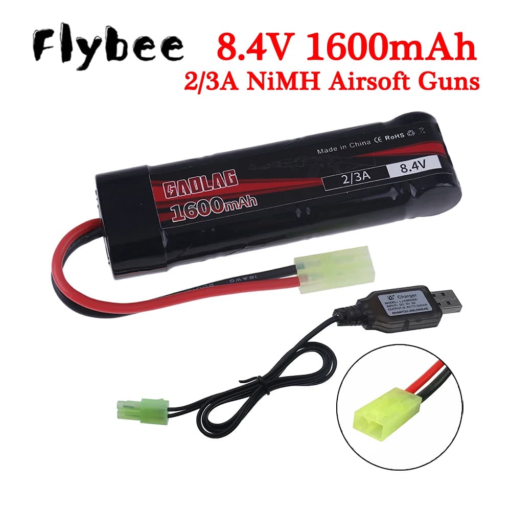 8.4V Airsoft Guns Battery With USB Charger 2/3A 8.4V 1600mAh NiMH Flat Battery Pack for MP5, Scar, M249, M240B, M60, G36C Toys