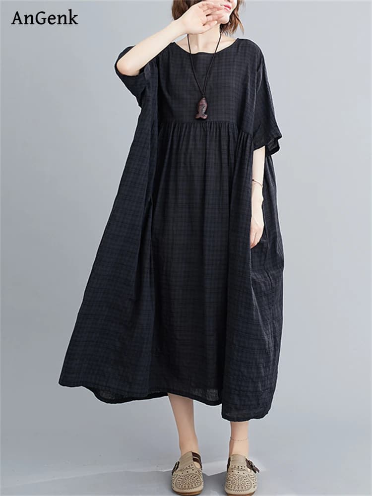 Cotton Vintage Short Sleeve Solid Color Dresses For Women 2026 Summer Casual Loose Long Black Dress Femme Robe Elegant Clothing