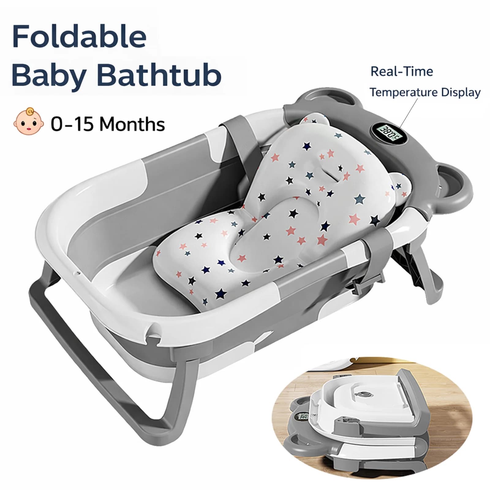 Foldable Baby Bathtub with Thermometer Non-Slip Bath Mat Cushion Support Portable Newborn Shower Tub for 0-15M Travel Bath Pool