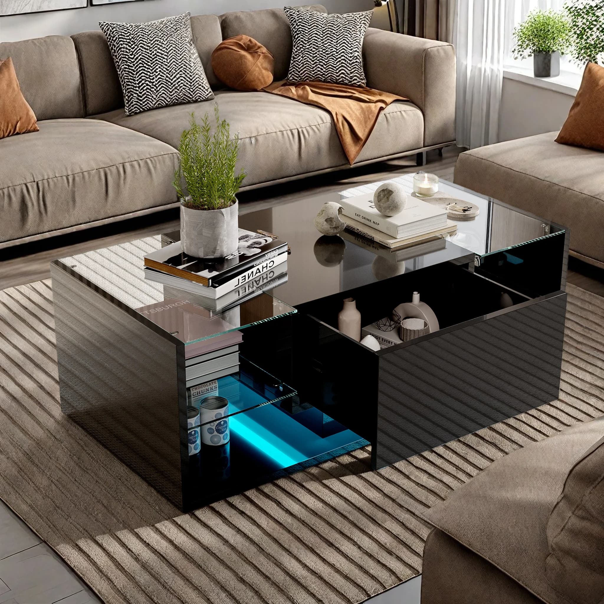 Comanlai Nordic High-Gloss LED Floating Coffee Table, LED Lighting Media Control Console, Glass Shelf with Storage Drawers, Coffee Table, Sofa Side