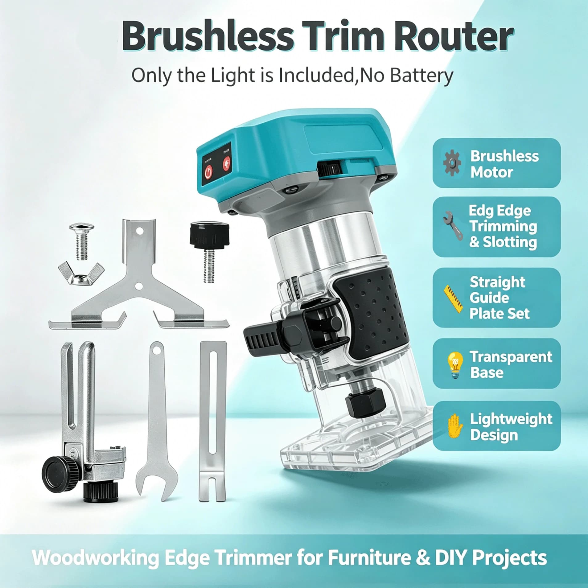 Brushless Electric Wood Trim Router, Cordless Edge Trimmer for Woodworking, Equipped with Straight Guide Plate Set, Suitable for 18V Same Interface