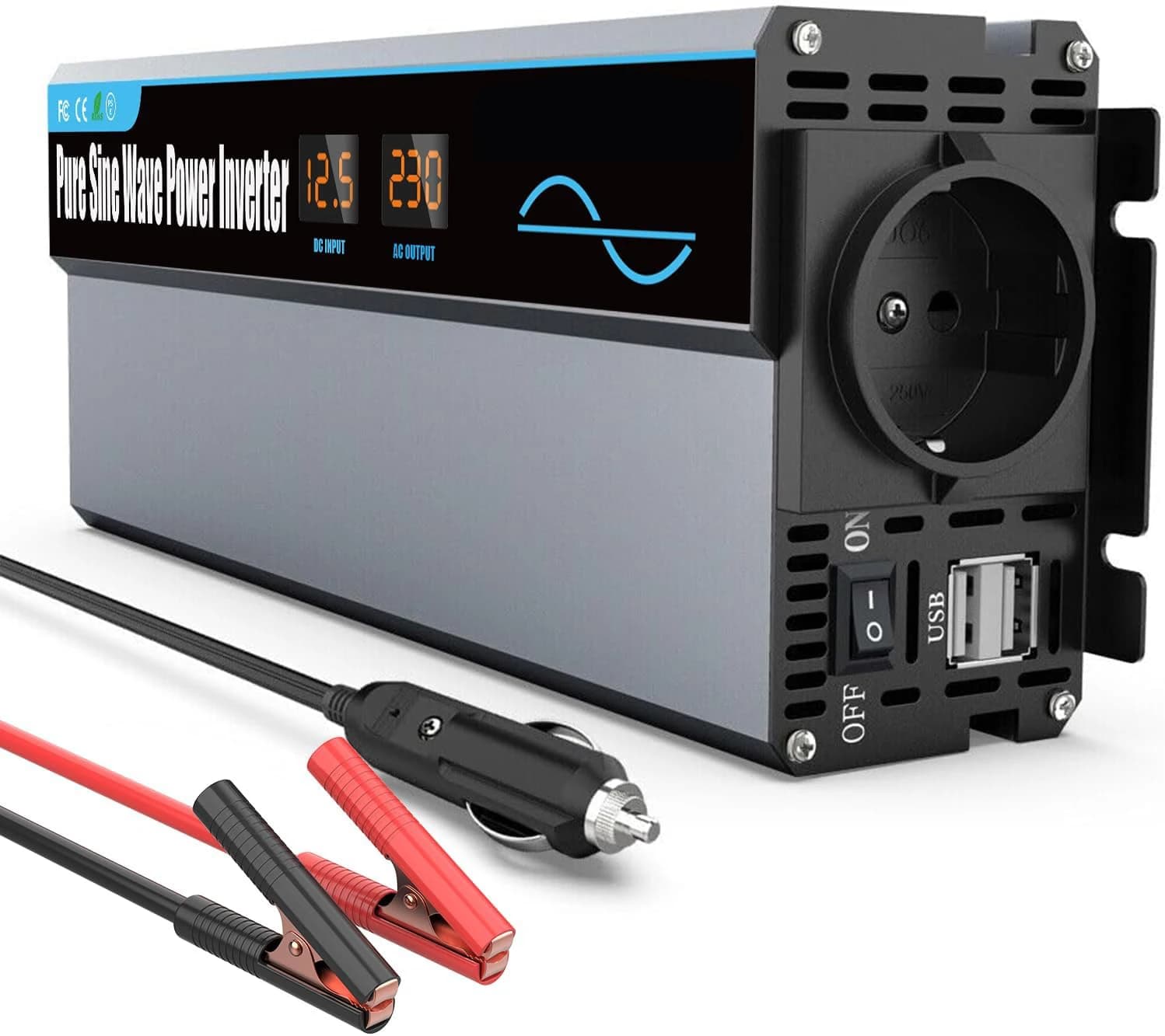 1000W Pure Sine Wave Power Inverter DC 12V to AC 230V, 2000W Peak with EU Socket & 2 USB, LCD Display for Car RV
