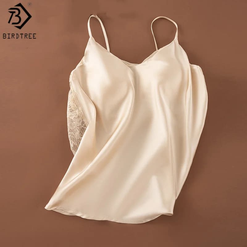 Birdtree,Woman's 19MM 93% Silk 7% Spandex Tank Top,with Built In Bra Vest,Solid Lace V-neck Sling Tops,2026 Spring New T61510JF