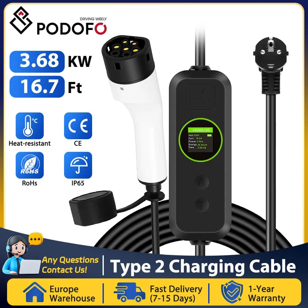 Podofo Type 2 EV Charging Cable 16A 5M 3.68KW with Screen Portable for Tesla Mercedes Nissan Hyundai