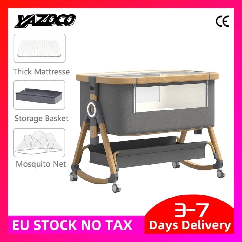 Baby Crib 3 in 1 Baby Bed Bedside Crib Baby Playpen 0-3 Years Child Multi-Function Folding and Lifting with Mosquito Net & Wheel