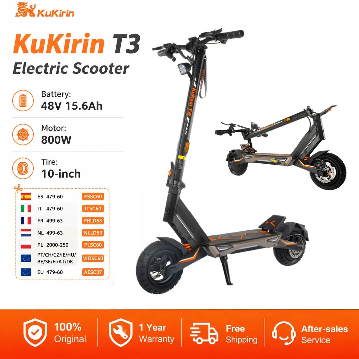 Kukirin T3 2025 Electric Scooter 800W Motor 48V15.6Ah Battery Max Speed 45km/h Max Range 58km 10" Vacuum Tires 3-Speed Modes