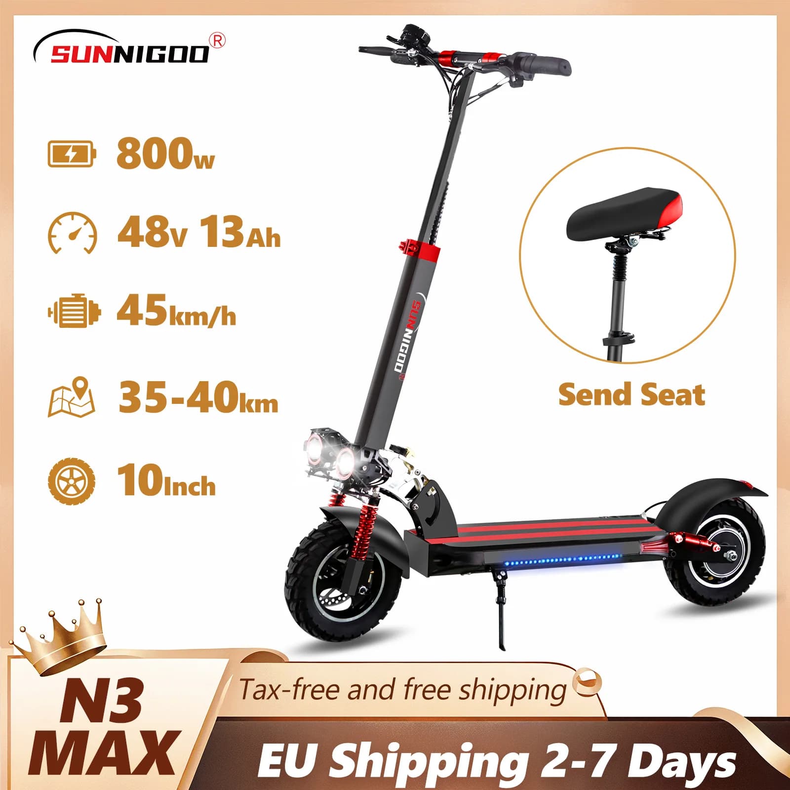 SUNNIGOO Electric Scooter For Adult 10 inch Off-Road 48V Lithium Battery Max Speed ​​45km/h Send Seat Foldable E Scooter Long Range Commuting