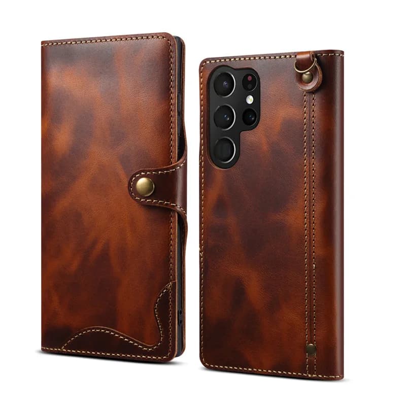 Retro Genuine Leather Case for Samsung Galaxy S24 Ultra S23 S21 S20 S10 Plus Flip Cover Business Purse with Lanyard Card Slots