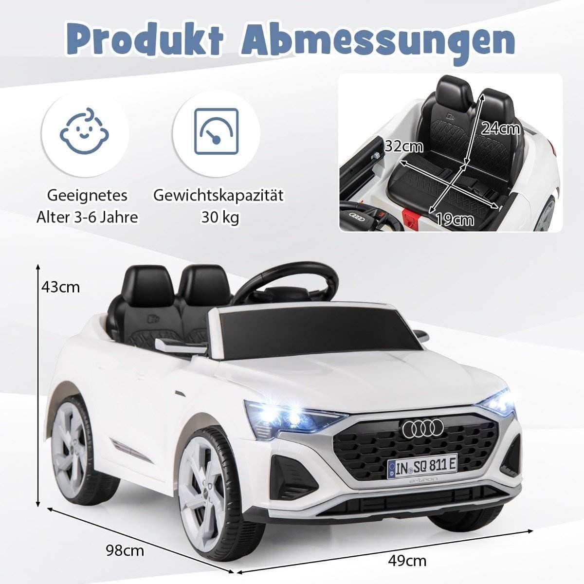 Audi SQ8 lasten sähköauto – 12V, kaukosäädin, valkoinen