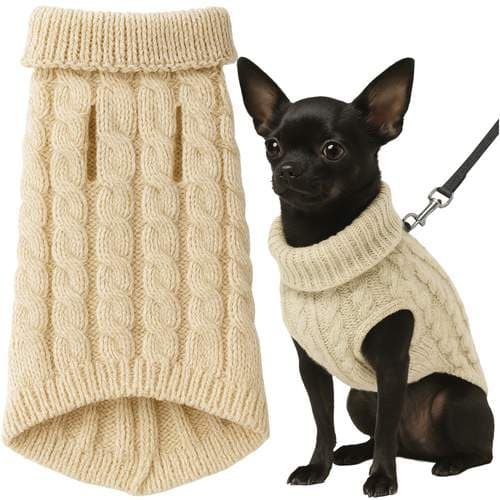 Koira- ja kissaneulepusero, lämmin beige poolokaulus, koko S