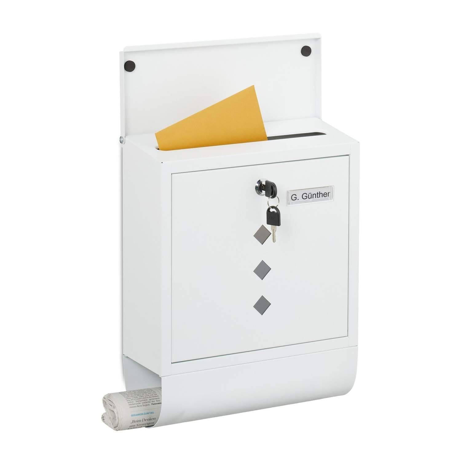 Minimalistinen metallinen postilaatikko sanomalehtipidikkeellä
