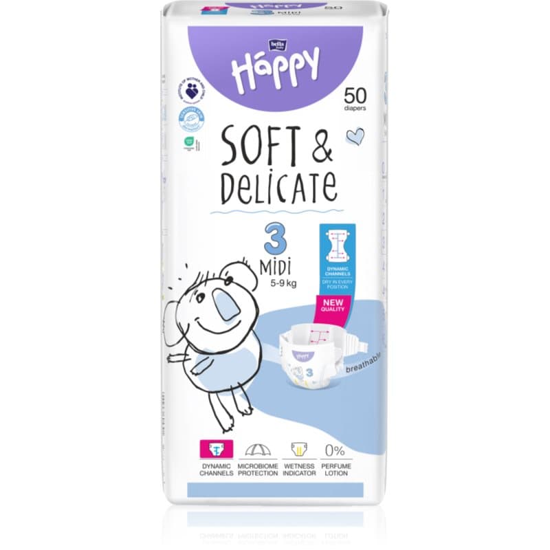BELLA Baby Happy Soft&Delicate kertakäyttövaipat imukanavilla varustettu Midi 5-9 kg 50 kpl
