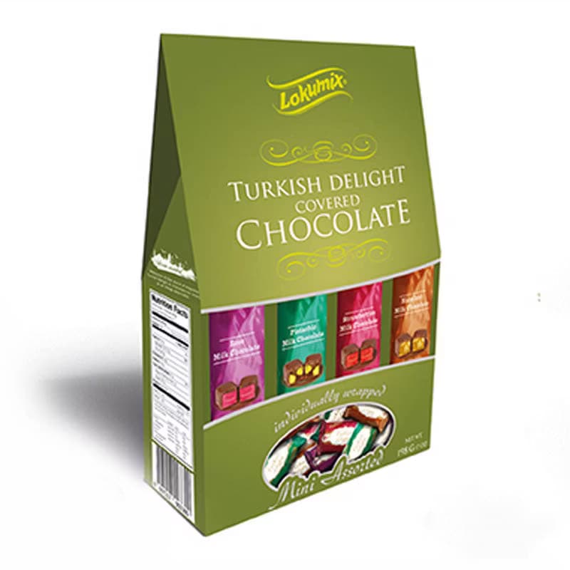Choklad täckt Turkish delight med nötter och frukt smak