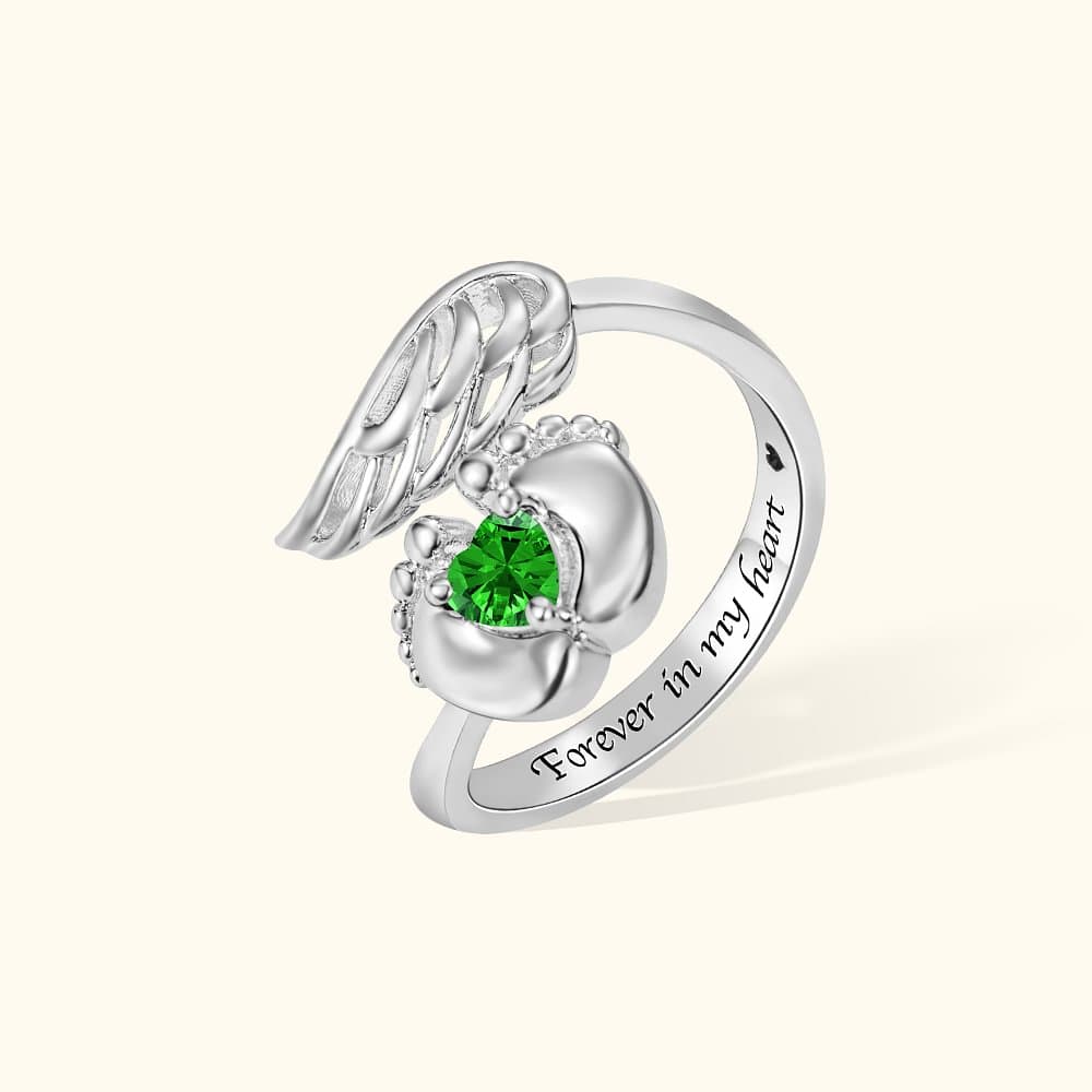 Henkilökohtainen Angel Wings ja Baby Feet Birthstone sormus kaiverrettu teksti Loss Memorial Sympathy lahja naisille