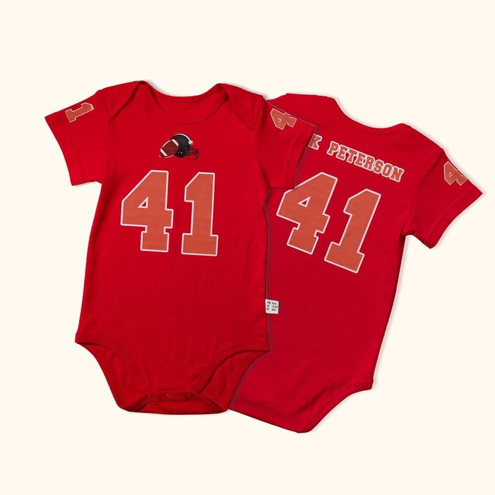 Henkilökohtainen urheilu jalkapallo suunnittelu Jersey Onesie nimi numero ja joukkueen logo 100% puuvillaa lahja vauvalle