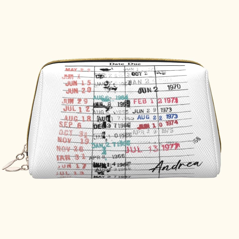Henkilökohtainen Date Due Card Nahka Cosmetic Bag lahja kirjan rakastajaille