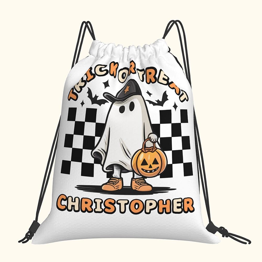 Henkilökohtainen kurpitsa temppu tai Treat karkkia kiristysnauha laukku Halloween Ghost luuranko reppu Checkerboard Halloween syntymäpäiväjuhla