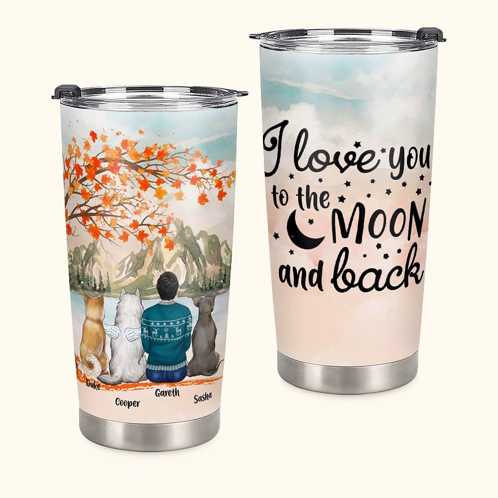 Henkilökohtainen I Love You to the Moon and Back 20oz nimi Tumbler Vaahtera teema kahvikuppi syntymäpäivä joululahja koiran ystäville