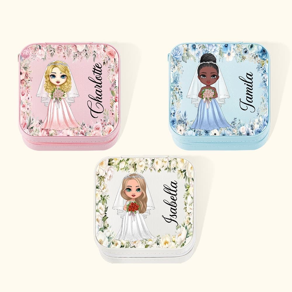Henkilökohtainen Floral Cartoon Morsian Morsiusneito Nahka Korut laatikko nimi Travel Essentials Häät Bridal Shower lahja naisille