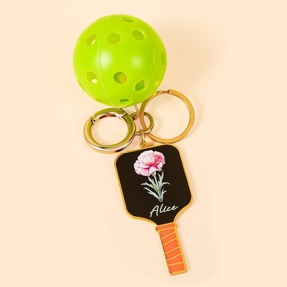 Henkilökohtainen emali syntymä kukka Pickleball mela & Pickleball Charm avaimenperä kanssa nimi syntymäpäivä joululahja Pickleball ystäville