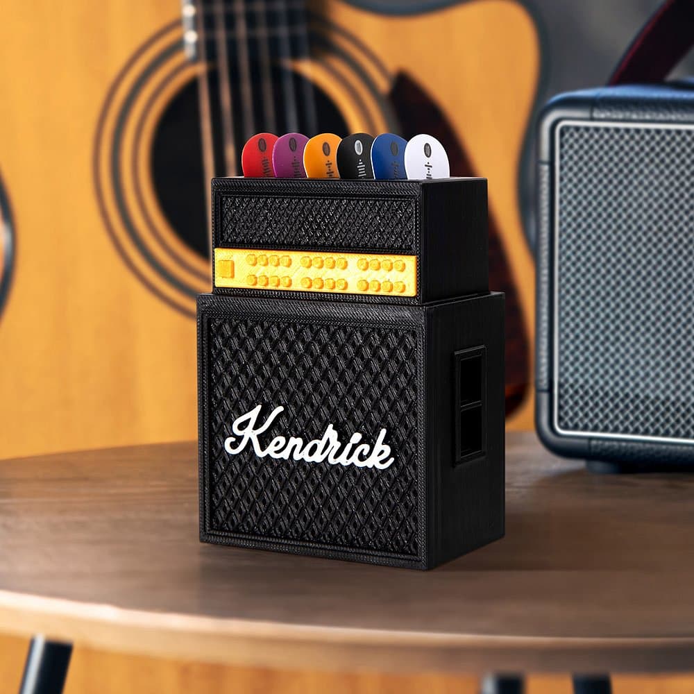Henkilökohtainen 3D-tulostettu vahvistin Compact Guitar Picks Plectrums Plectrums Holder Display nimi syntymäpäivälahja muusikoille kitaristit