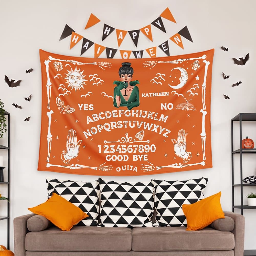 Henkilökohtainen Ouija Board Witch Design Gobeliini nimi Halloween Wall Decor lahja perheelle