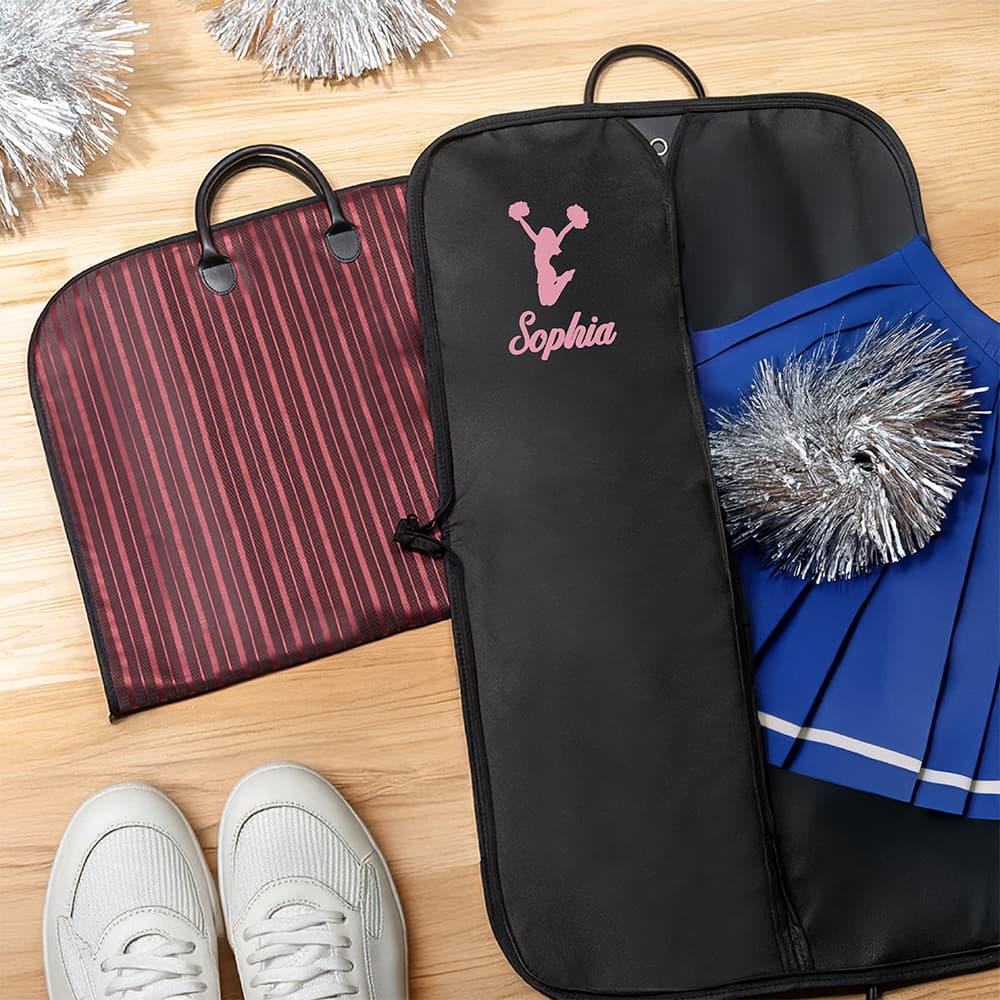 Henkilökohtainen Cheerleading teema nimi vedenpitävä raidallinen matka vaatteiden säilytyslaukku nahka kahva syntymäpäivä joukkue lahja